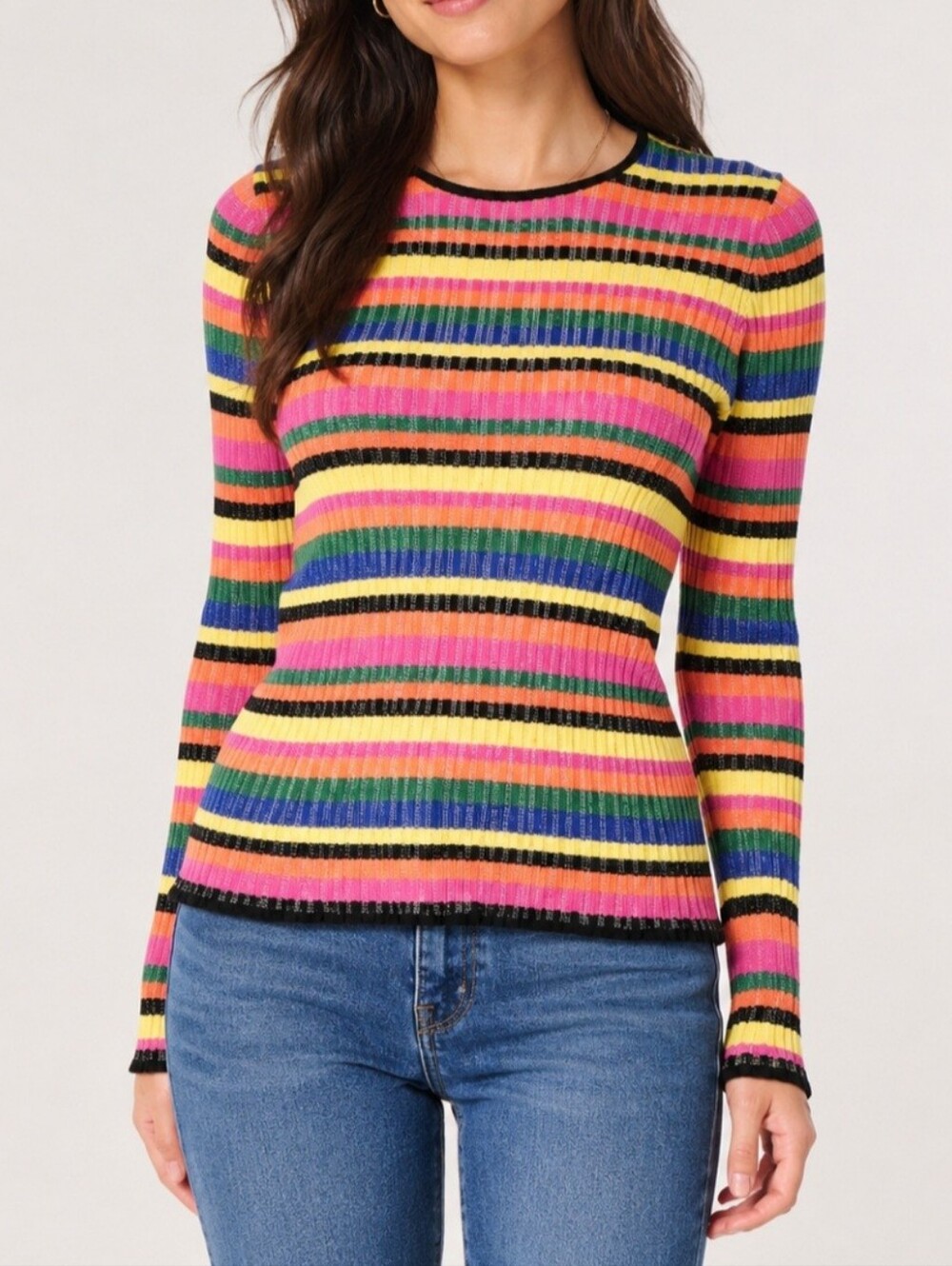 Worth Rainbow Stripe Ribbed Sweater Women's M Colorful‎ Knit Ruffle Hem